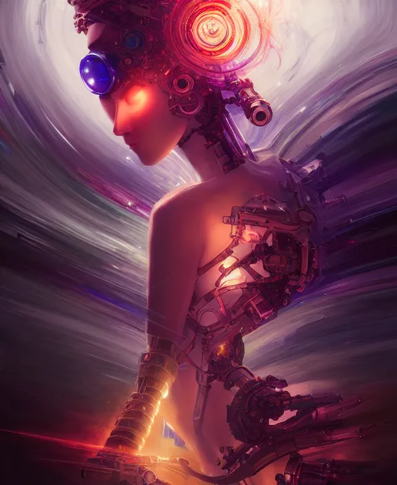 Image similar to whirlwind souls rushing inside metaverse, half body, tiara, robotic, android, cyborg, cyberpunk face, by loish, d & d, fantasy, intricate, elegant, highly detailed, colorful, vivid color, digital painting, artstation, concept art, art by artgerm and greg rutkowski and alphonse mucha and ruan jia