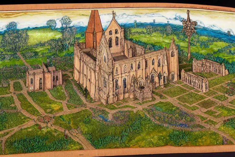 Image similar to an elaborate and dense painting of the peaceful redwall abbey in mossflower wood, detailed, made of alcohol ink on parchment and penned illustrations, by brian jacques and greg rutowski