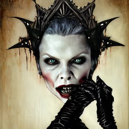 Prompt: portrait of Michelle Pfeiffer as evil vampire queen shoeing her sharp teeth wearing a dark crown by Tom Bagshaw and Guy Denning