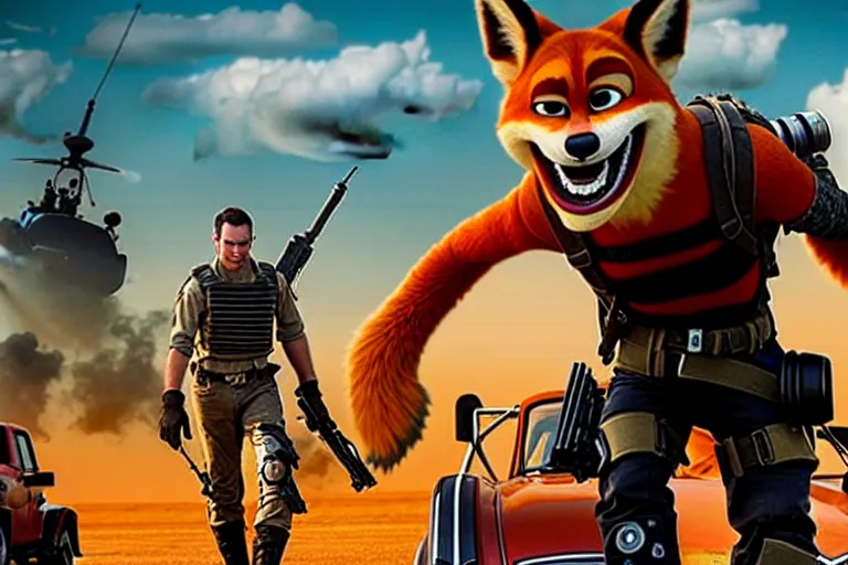 Image similar to nick wilde, heavily armed and armored facing down armageddon in a dark and gritty reboot from the makers of mad max : fury road