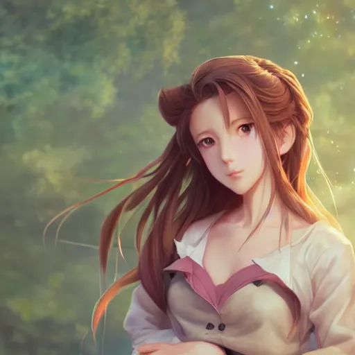 Image similar to high quality art of aerith gainsborough by WLOP, rossdraws, Logan Cure, Mingchen Shen, BangkuART, sakimichan, yan gisuka, JeonSeok Lee, zeronis, Chengwei Pan on artstation