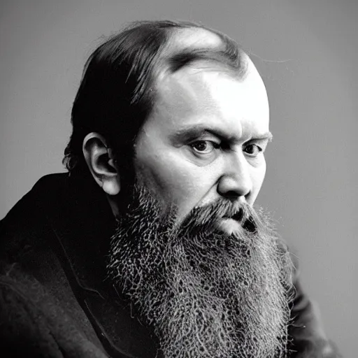 Image similar to black and white photo of old portrait of dostoyevsky by david bailey created at modern world in 4 k ultra high resolution and with medium shot