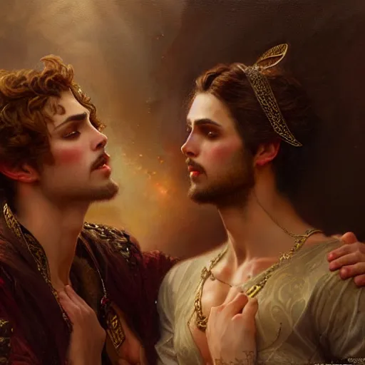 Image similar to attractive fully clothed king confesses his love for his attractive fully clothed male prince. highly detailed painting by gaston bussiere, tom bagshaw 8 k