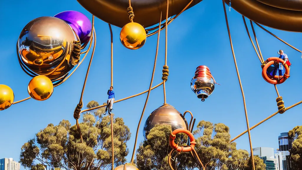 Image similar to large colorful futuristic space age metallic steampunk balloons with pipework and electrical wiring around the outside, and people on rope swings underneath, flying high over the beautiful adelaide city landscape, professional photography, 8 0 mm telephoto lens, realistic, detailed, photorealistic, photojournalism