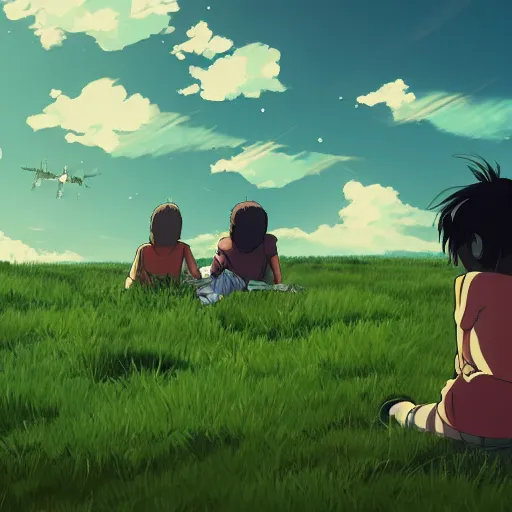 Prompt: detailed digital drawing of a few children sitting on a grass field look at distant spaceships shooting weapons in the sky, anime by Makoto Shinkai