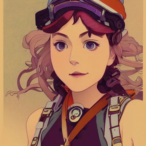 Prompt: Portrait of annasophia robb as an airship mechanic, steampunk, defined facial features, highly detailed, artstation, official artbook, official Kyoto Animation and Studio Ghibli anime screenshot, by Ilya Kuvshinov and Alphonse Mucha