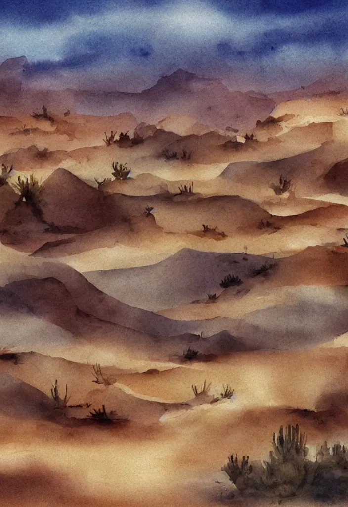 Image similar to desert watercolor, cinematic, highly detailed wide, atmospheric lighting, muted colors, dramatic scene