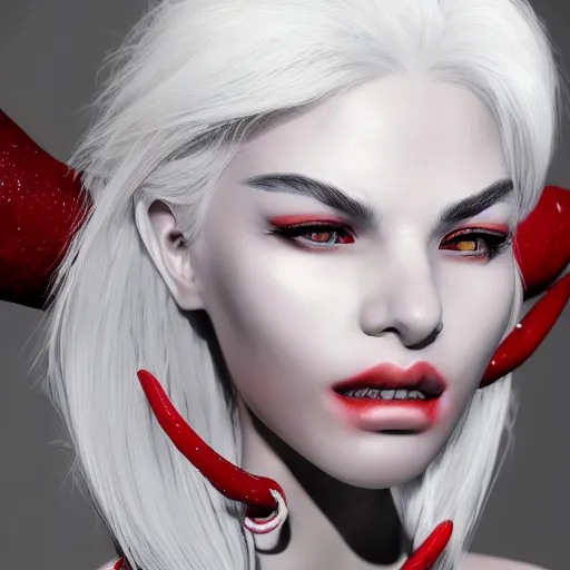 Image similar to a highly detailed portrait of a humanoid demon girl with white hair, red horns, in white clothes, artstation, deviantart, professional, unreal engine 5, photorealistic