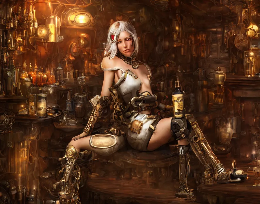 Prompt: a cyborg girl drinking jn fantasy airship tavern, steampunk, realistic fingers, realistic body, realistic clothing, beautiful texture, beautiful graphics, fantasy artwork, very beautiful scenery, hd, hdr, ue 5, ue 6, unreal engine 5, cinematic 4 k wallpaper, 8 k, ultra detailed