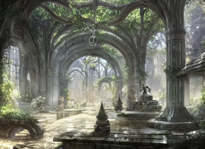 Image similar to Blacksmith inside a beautiful elven city made of white marble, anime, lush trees, fountain, a fantasy digital painting by Greg Rutkowski and James Gurney, trending on Artstation, highly detailed