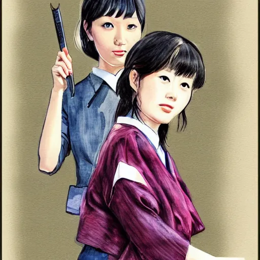 Image similar to a perfect, realistic professional digital sketch of two Japanese schoolgirls posing, in style of Marvel, full length, by pen and watercolor, by a professional American senior artist on ArtStation, a high-quality hollywood-style sketch, on high-quality paper