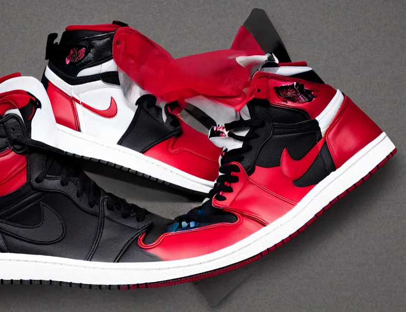 Prompt: a press photograph of nike jordan 1 black red and white