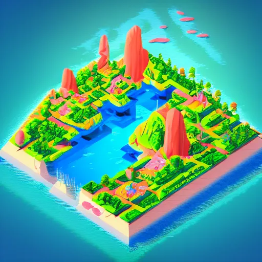 Image similar to isometric island on neon background, isometric invironment, 3d art, isometric art, high detail, artstation, concept art, behance, ray tracing, smooth, sharp focus, ethereal lighting