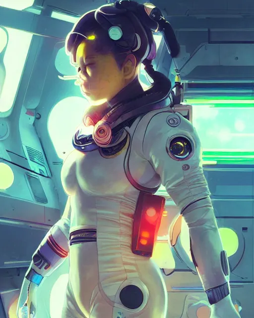 Prompt: anime visual of a female astronaut, neon, cyberpunk, futuristic suit, stunning, highly detailed, digital painting, artstation, smooth, soft focus, illustration, art by artgerm and greg rutkowski and alphonse mucha