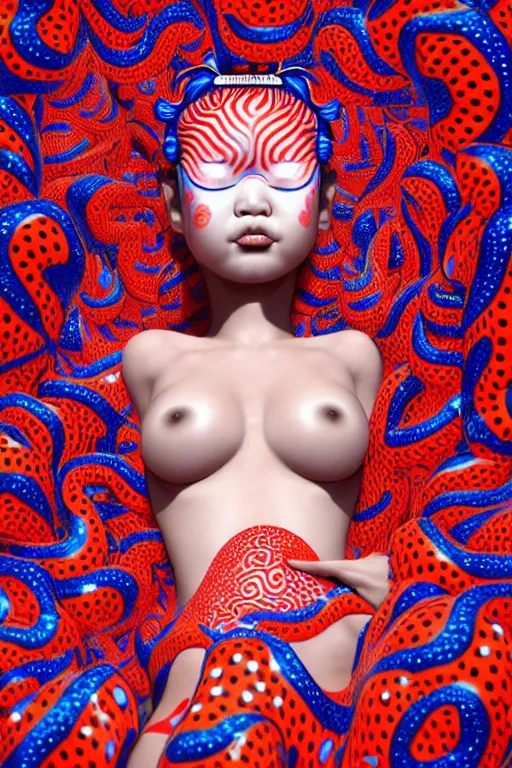 Image similar to realistic detailed image of a geisha laying down in a padded room, conjuring psychedelic background, part by yayoi kusama, part by alex gray, part by ross tran, part by james jean, ultra realistic, highly detailed, 8 k, trending on artstation, very cohesive, masterpiece