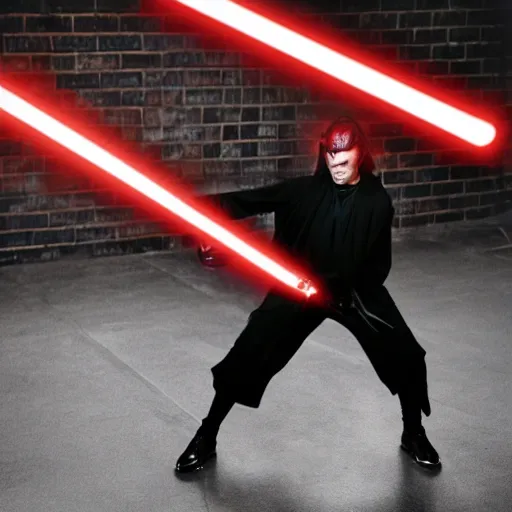 Prompt: a action photography of a sith tapping to the power of the dark side