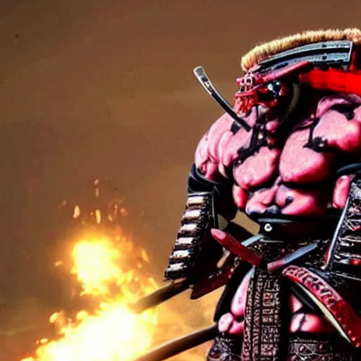 Image similar to very big very buff very strong samurai wearing a scary cyber oni mask, movie still