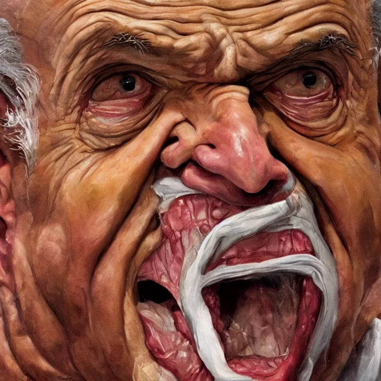 Image similar to warmly lit close up studio portrait of aging angry!! screaming! old Rudy Giuliani age 115 wrinkled furious!, impasto oil painting thick brushstrokes by Lucian Freud and Cy Twombly and Tim Hawkinson , trending on artstation dramatic lighting Expressionism