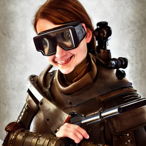 Prompt: female artificer with futuristic rifle, tubes connecting mediaeval half plate armor to rifle, brown hair, smiling, portrait, goggles over forehead, trending on artstation, digital art