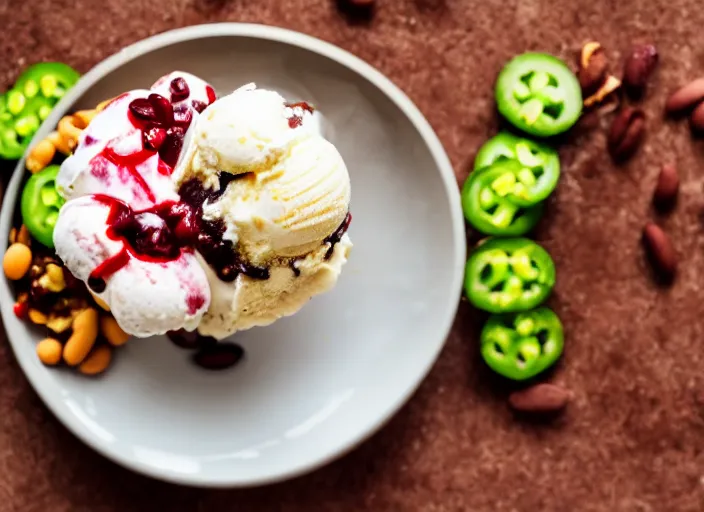 Image similar to dslr food photograph of ice cream sundae with baked bean and sliced jalapeno topping, 8 5 mm f 1. 8