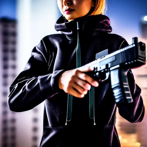 Image similar to photographic portrait of a techwear woman holding a Glock 18, closeup, on the rooftop of a futuristic city at night, sigma 85mm f/1.4, 4k, depth of field, high resolution, 4k, 8k, hd, full color