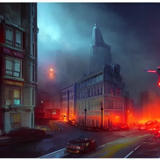 Image similar to wide angle, buildings and city on fire at night, with police and firetrucks on street, stormy blue and red sky mystery mist, police car lights, 4 k highly detailed art, concept art, trending on artstation, alphone mucha, artgerm, greg rutkowski, octane render, cinematic lighting, intricate, sharp focus