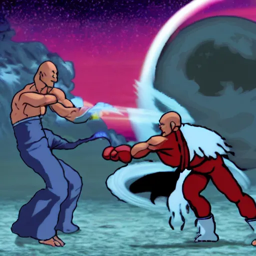 Prompt: picard fighting akuma from street fighter 2 at night with a full moon low in the sky