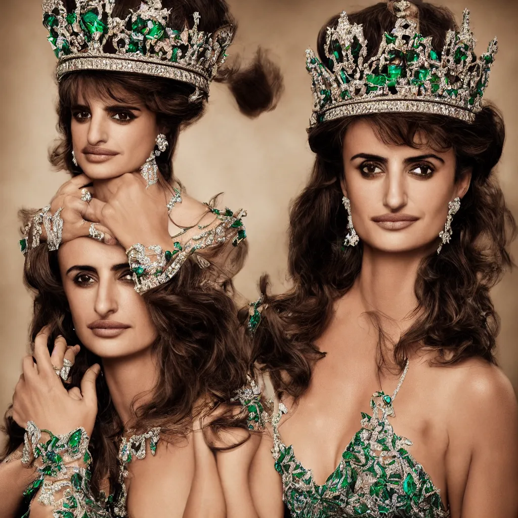 Prompt: penelope cruz as the queen of england, big crown adorned with emerald, diamonds, topaz and other jewellaries, sensual, beautiful soft light failling on her face, zoomed out, studio photography, nikon 3 5 mm portrait photography, ultra realistic