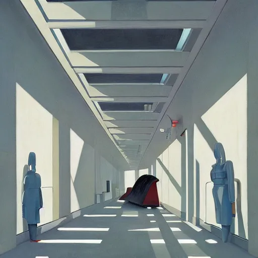 Image similar to A white futuristic modern corridor, very coherent, painted by Edward Hopper, Wayne Barlowe, painted by James Gilleard, airbrush, art by JamesJean