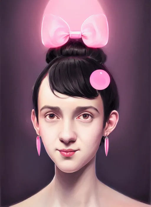 Image similar to portrait of high school girl, realistic, black hair, bangs, half updo hairstyle, pointy nose, skinny, smile, ugly, defined jawline, big chin, pink hair bow, earrings, intricate, elegant, glowing lights, highly detailed, digital painting, artstation, sharp focus, illustration, art by wlop, mars ravelo and greg rutkowski