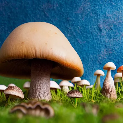 Image similar to macro photo with a mushroom character with cute eyes and mycelium, very close to real nature, natural colors and natural surroundings, painted patterns and coloring on mushrooms, 8K, highly detailed, cartoon