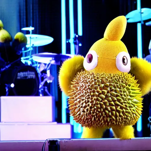 Prompt: anthropomorphic durian on stage, singing