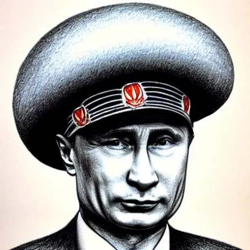 Image similar to vladimir putin with a mushroom cloud hat, cartoonish, ultra detailed pencil drawing