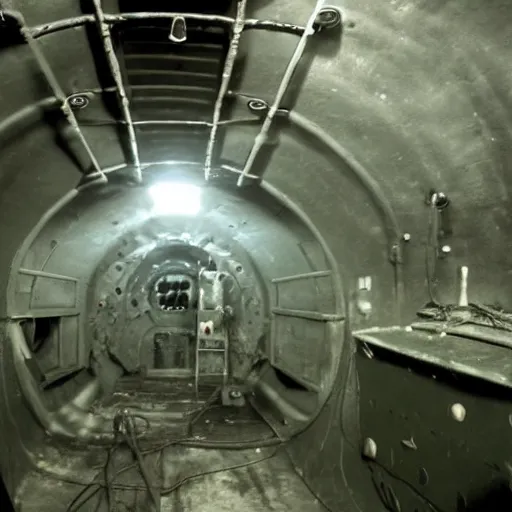 Image similar to year 1930, inside an empty ussr submarine, foggy and dark with littles light beams coming from many holes, in metal walls, photorealism 8k, cinematic, high details, neat