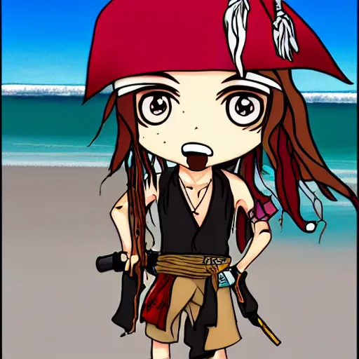 Image similar to chibi anime version of jack sparrow getting really drunk on the beach