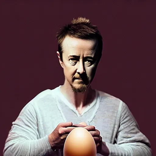 Prompt: edward norton as an egg with beautiful eggshell texture, highly detailed, dramatic lighting, concept art by caravaggio and greg rutkowski and artgerm