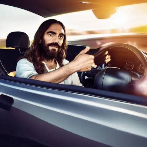 Image similar to A long shot photograph of Jesus driving a car, 4k, ultra HD