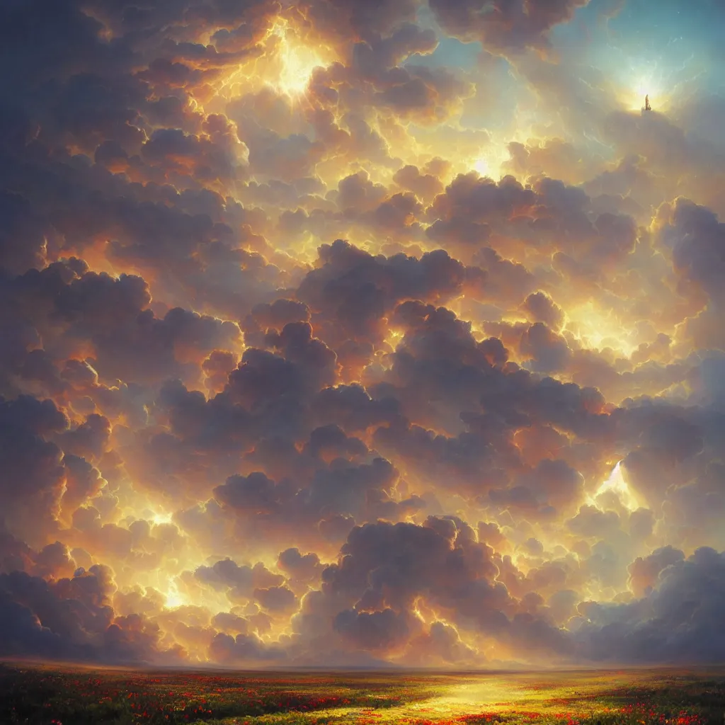 Image similar to a sending down [ of the revelation ] from him who created the earth and the lofty heavens, tornado of flowers, overdetailed art, by greg rutkowski, by rhads, sharp focus