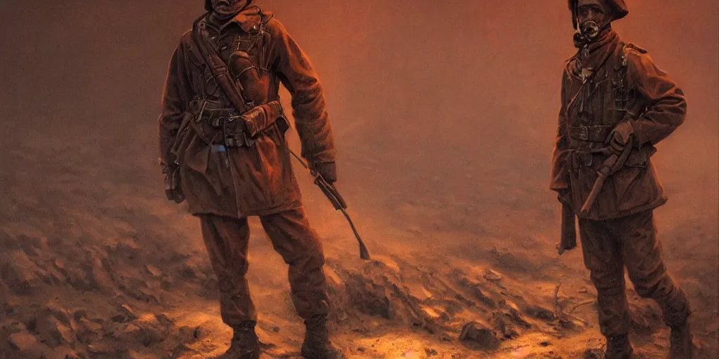 Prompt: an extremely detailed dark macabre photorealistic matte portrait of a soviet war soldier in a nuclear winter by J.C Leyendecker and Zdzisław Beksiński , Vietnam horror, destroyed street liminal space, dramatic lighting, trending on artstation, 8K, HDR, I cant believe how nightmarish this is