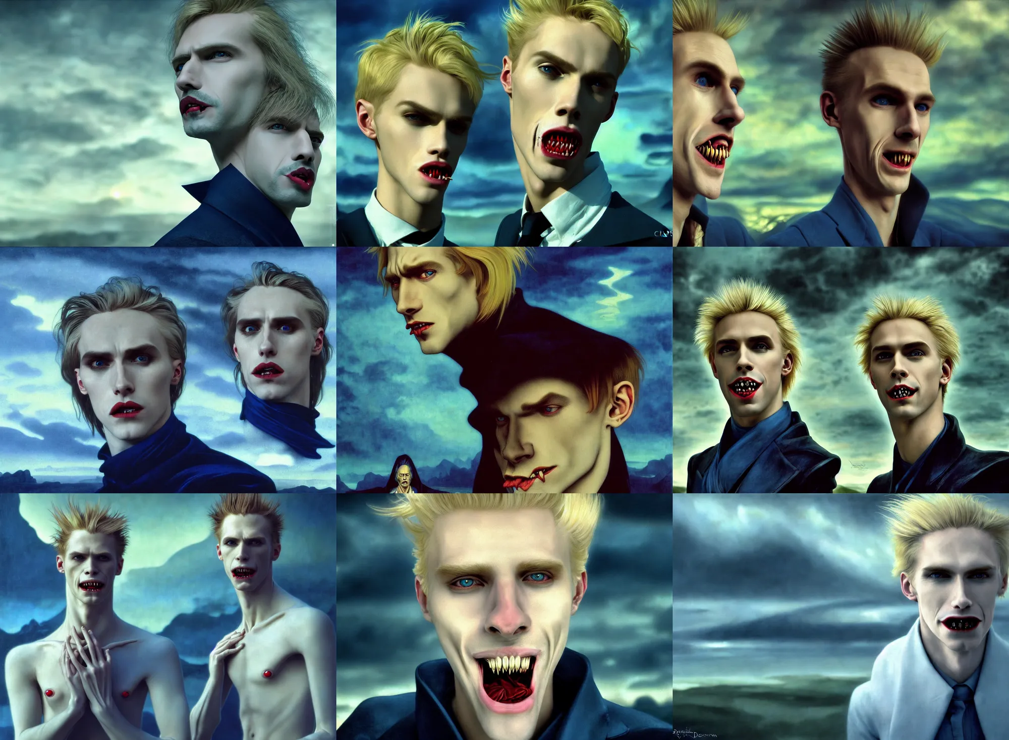 Prompt: realistic detailed portrait movie shot of an elegant blond male vampire, sci fi landscape background by denis villeneuve, amano, yves tanguy, alphonse mucha, max ernst, caravaggio, roger dean, masterpiece, rich cold moody colours, dog teeth, blue eyes