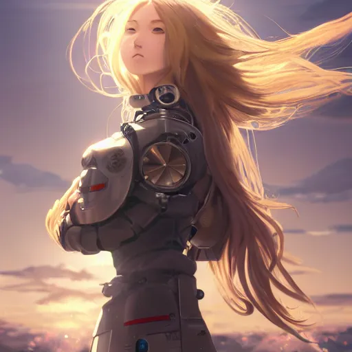 Image similar to girl with jet engine as legs, anime style, long hair, hair down, symmetrical facial features, from arknights, hyper realistic, 4 k, rule of thirds, extreme detail, detailed drawing, trending artstation, hd, half cyborg, d & d, realistic lighting, by alphonse mucha, greg rutkowski, sharp focus, backlit