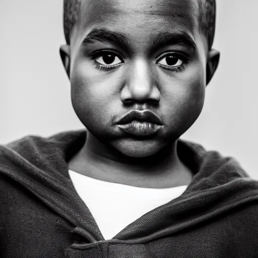 Prompt: the face of young kanye west wearing yeezy clothing at 1 1 years old, black and white portrait by julia cameron, chiaroscuro lighting, shallow depth of field, 8 0 mm, f 1. 8