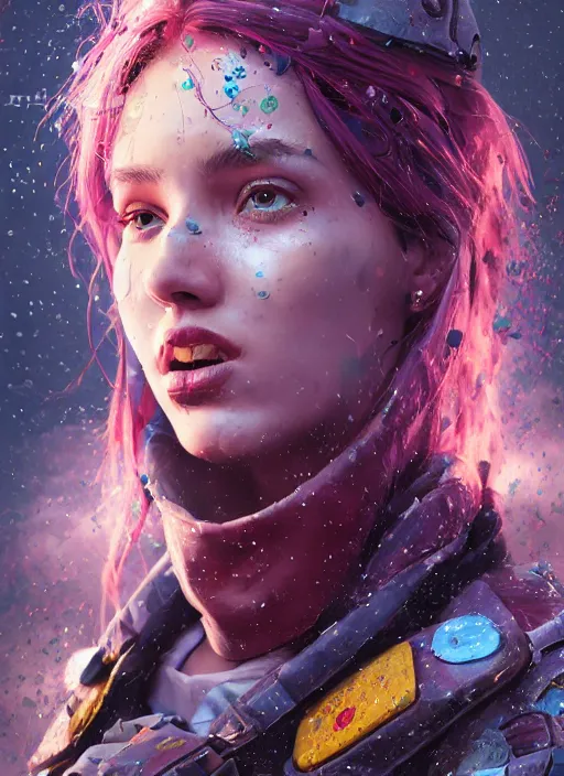 Image similar to An epic fantastic realism comic book style portrait painting of the most beautiful woman in the universe, flowers rain everywhere, fisheye lens, Apex Legends Concept Art, porcelain, unreal 5, DAZ, hyperrealistic, octane render, cosplay, RPG portrait, dynamic lighting