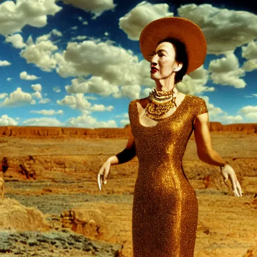 Image similar to salvador dali wearing a golden dress with jewels in a dry rocky desert landscape, visible sky and sunny atmosphere, film still from the movie by alejandro jodorowsky with cinematogrophy of christopher doyle and art direction by hans giger, anamorphic lens, kodakchrome, very detailed photo, 8 k
