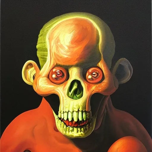 Image similar to oil painting black background extreme chiaroscuro by christian rex van minnen of a portrait of an extremely bizarre disturbing mutated man with proteus syndrome shiny bulbous tumor intense chiaroscuro lighting perfect composition