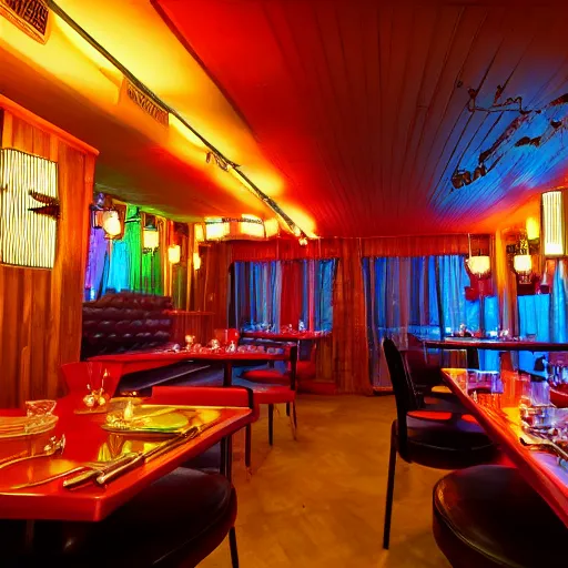 Image similar to photo of retro restaurant, iridescent, mood lighting, 8 k, cinematic