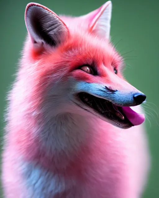 Prompt: pink fox yawning, portrait, blue background, 8 k, 8 5 mm f 1. 8