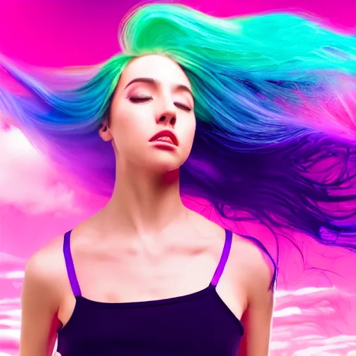 Image similar to a award winning full body shot of a beautiful woman in a croptop with a ombre purple pink teal hairstyle with head in motion and hair flying, outrun, vaporware, vivid colors, highly detailed, fine detail, intricate