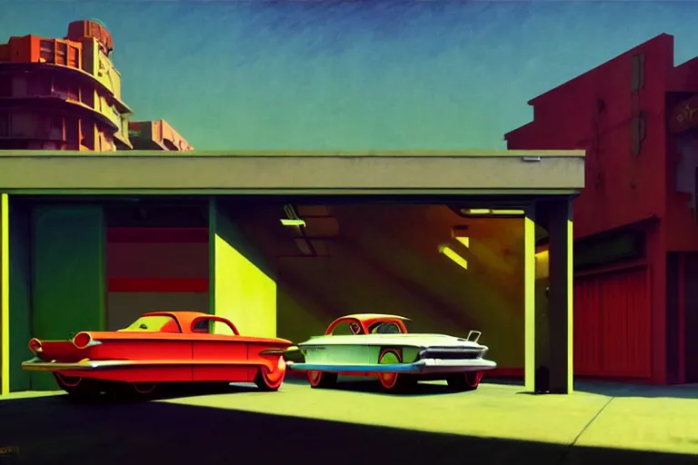 Prompt: a cinematic matte painting of a boxy 1 9 6 0 s vaporwave retro - futurism sci - fi car with solar panels on roof and doors in a cluttered garage in mumbai. by edward hopper, glennray tutor and greg rutkowski. trending on artstation.