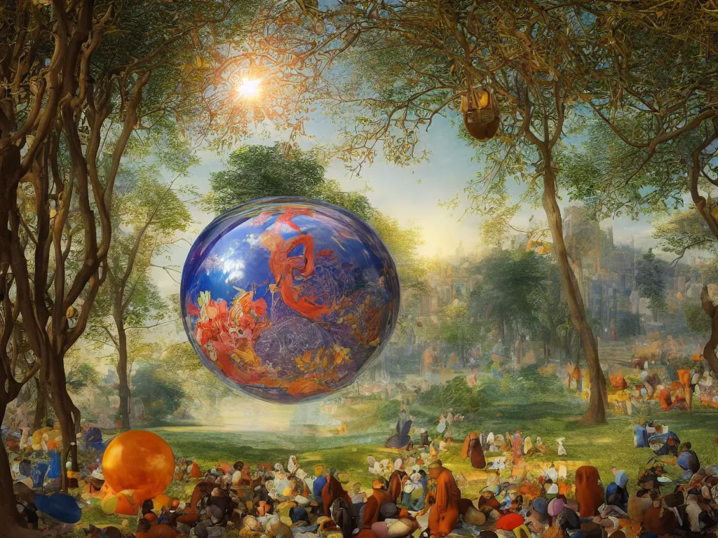 Image similar to 3 d render, sunlight study, the universe is a spheroid region 7 0 5 meters in diameter, art nouveau, by jan brueghel the younger and ( ( ( ( ( lisa frank ) ) ) ) ), 8 k, sharp focus, octane render